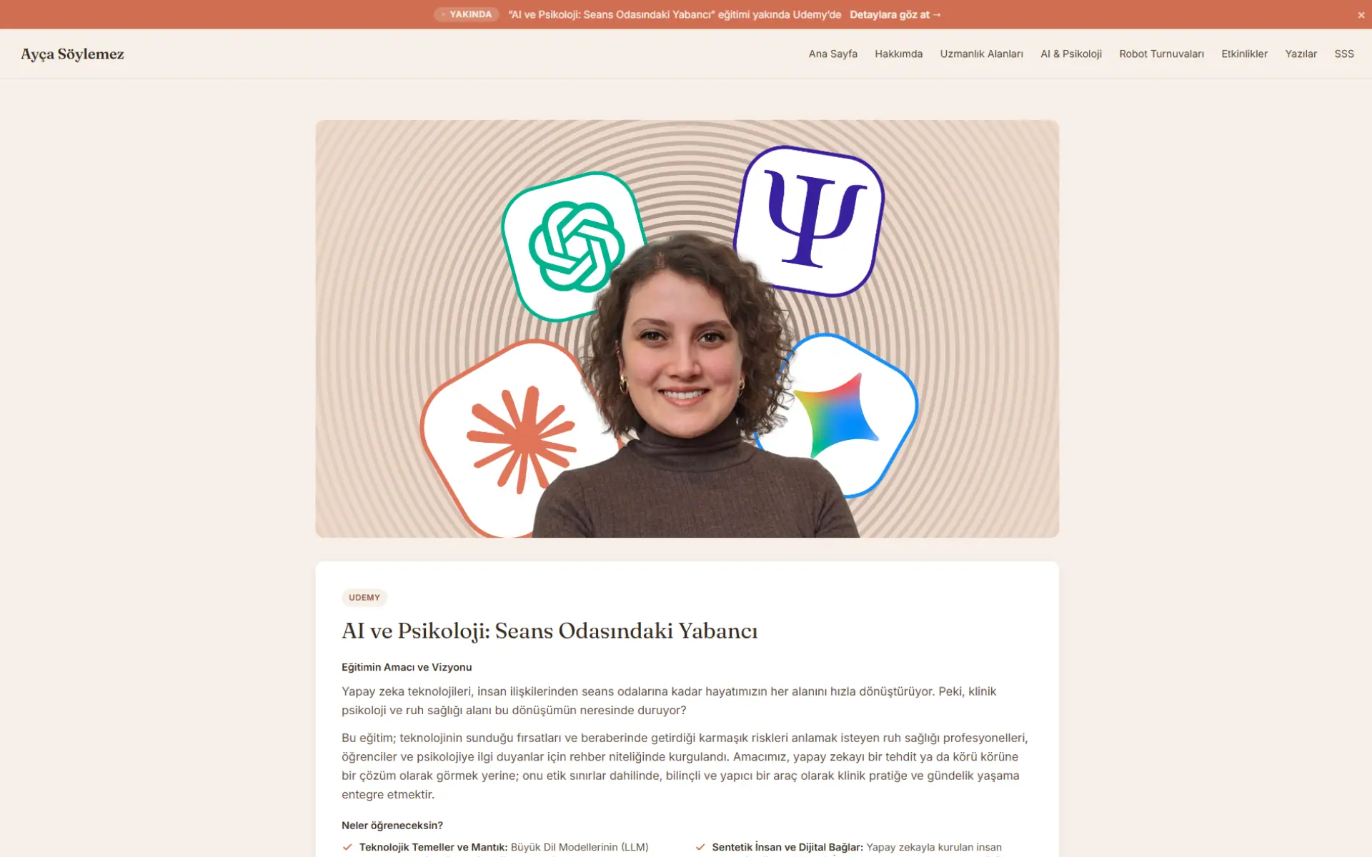 The AI and psychology course page for the upcoming Udemy release