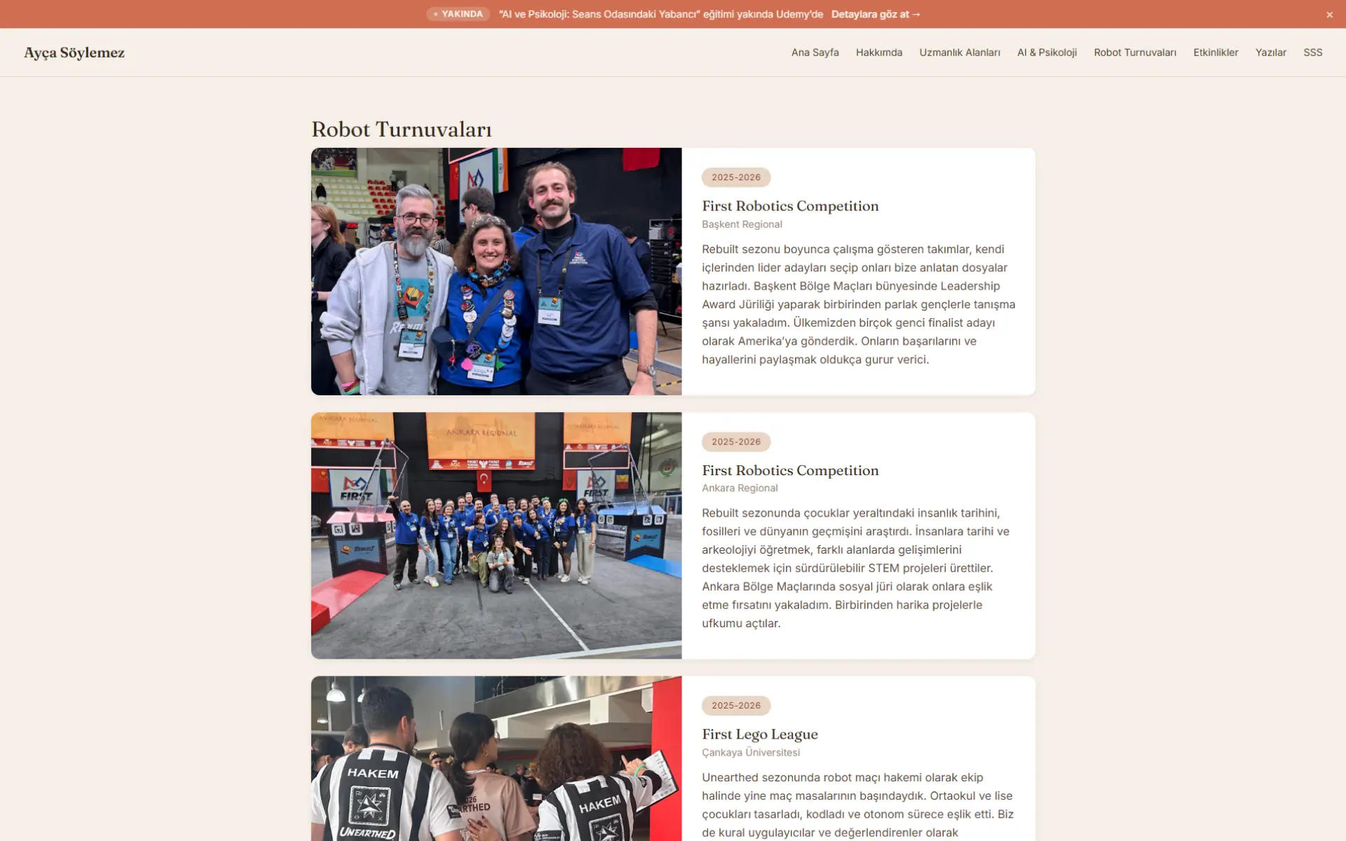 Robotics tournaments page listing the competitions she judged