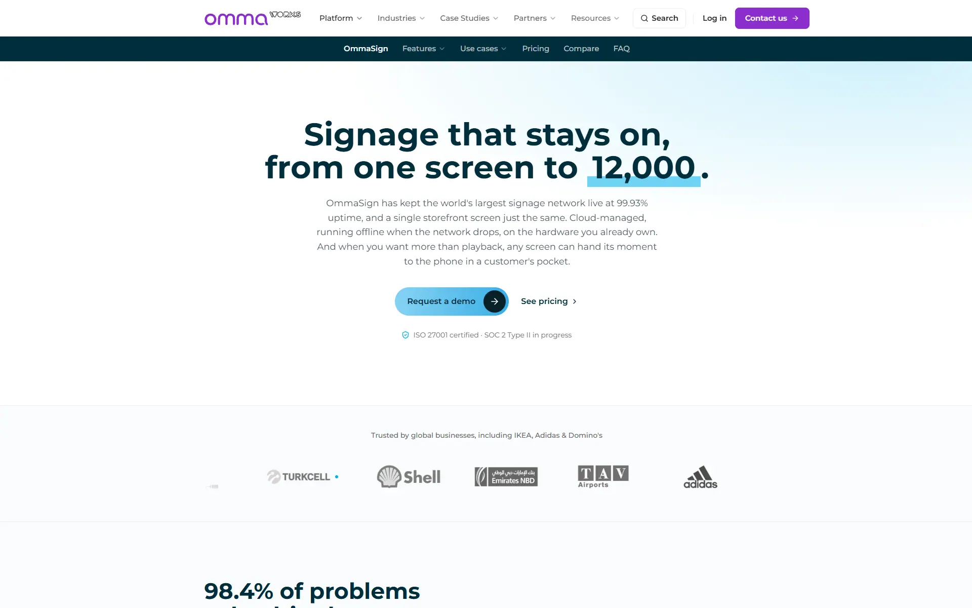 OmmaSign product page with its 12,000-screen headline and customer logos