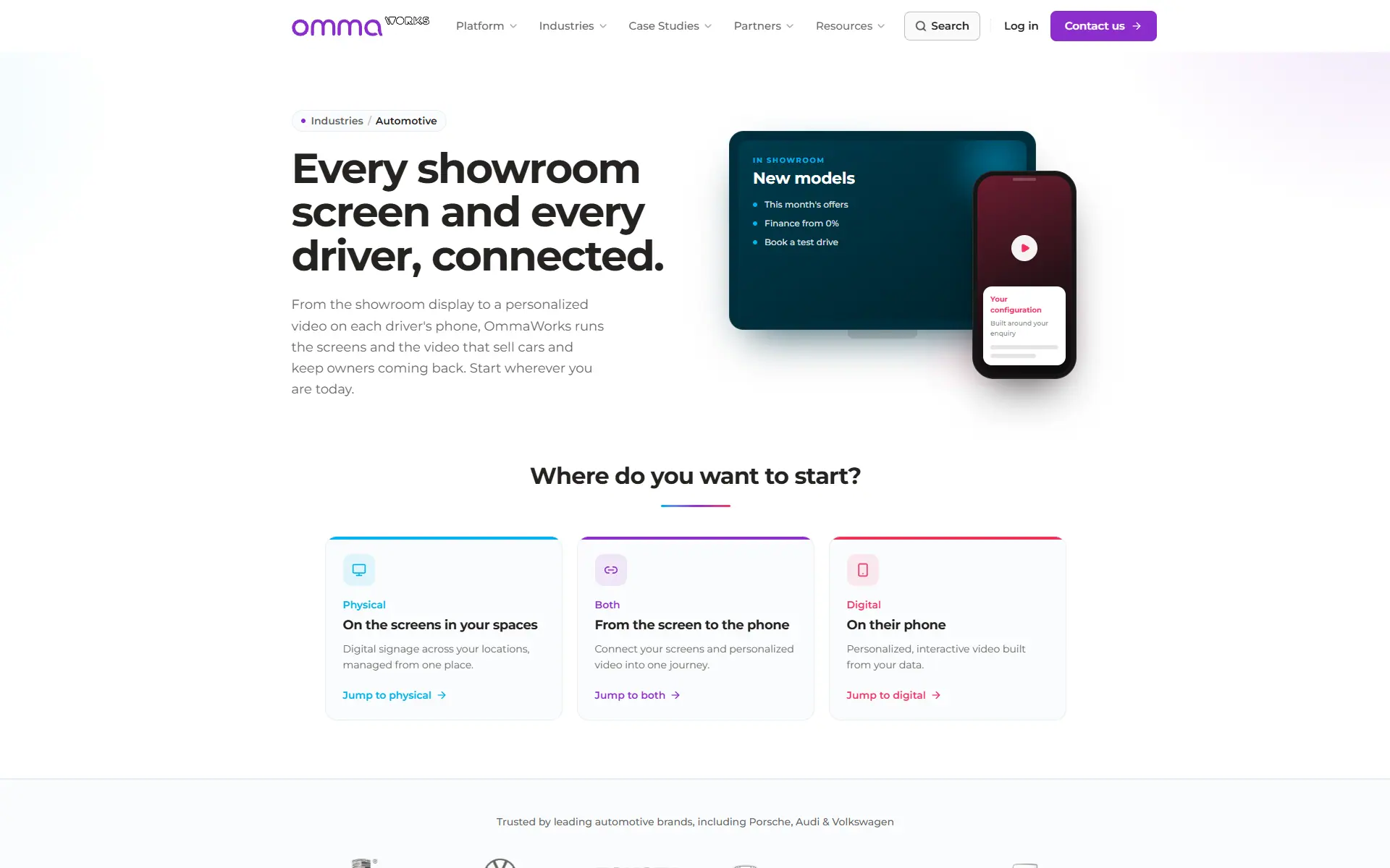 Automotive industry page with the physical, both, and digital starting-point picker