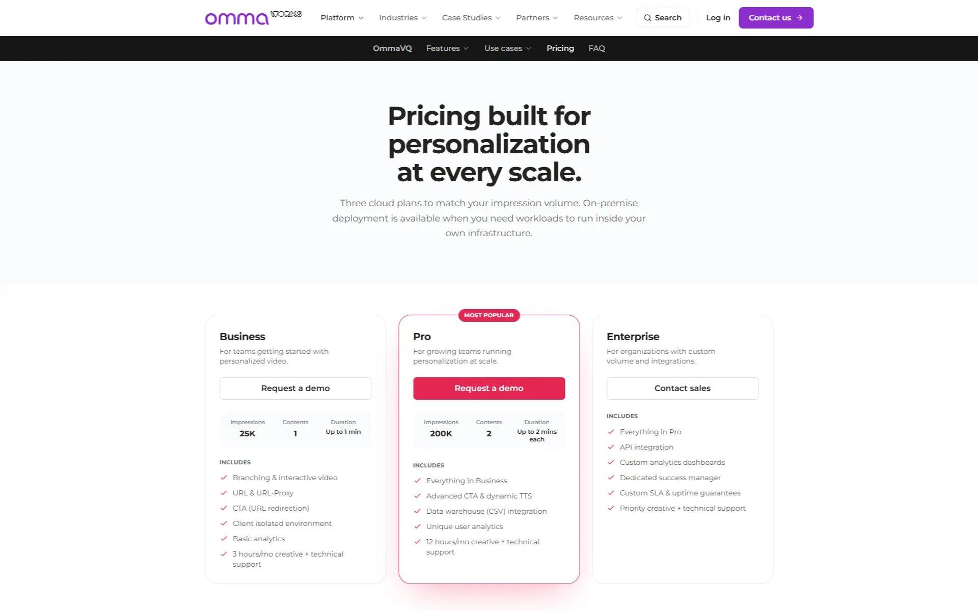 OmmaVQ pricing page with the Business, Pro, and Enterprise tiers