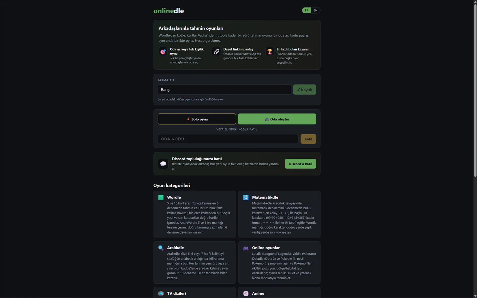 Lobby with room creation and game categories